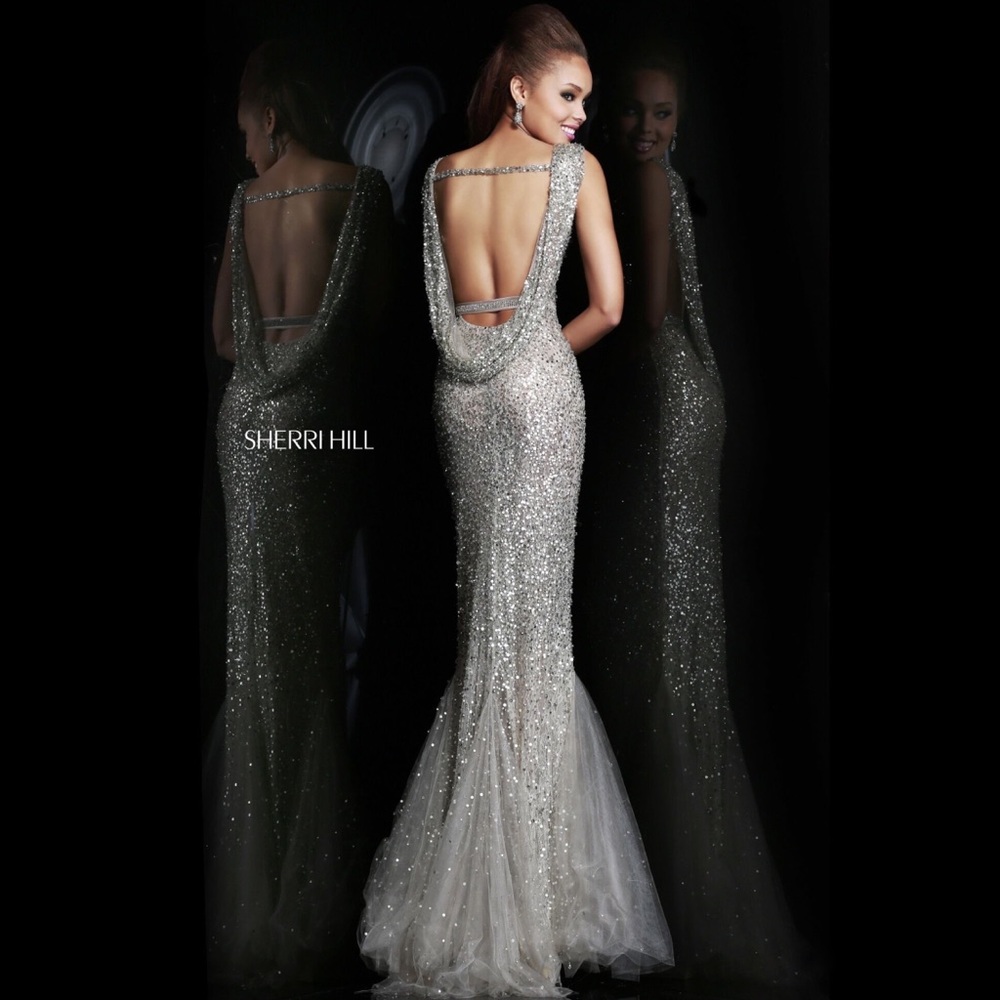 Sherri Hill Navy Sequin Evening Gown - Picture 3 of 12